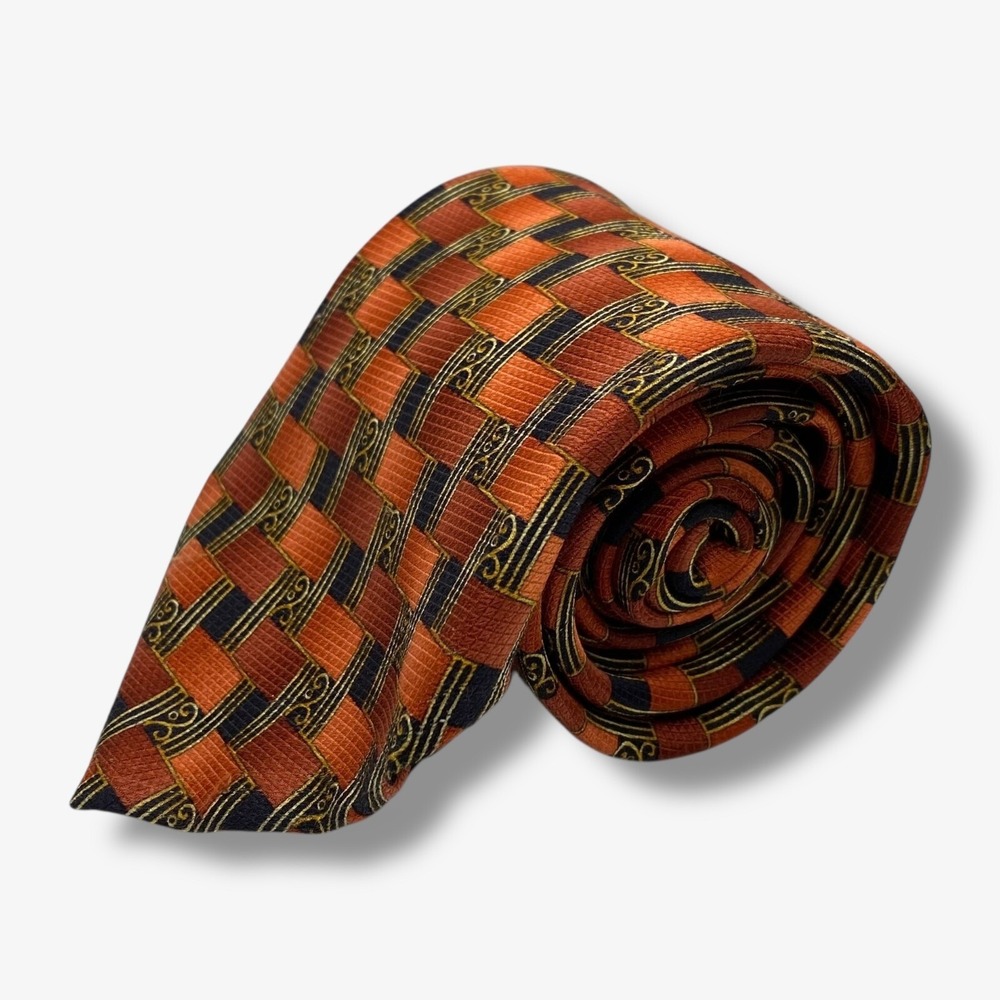 Eton Necktie Mens 60" Orange Black Gold Geometric Basketweave Silk Made in Italy